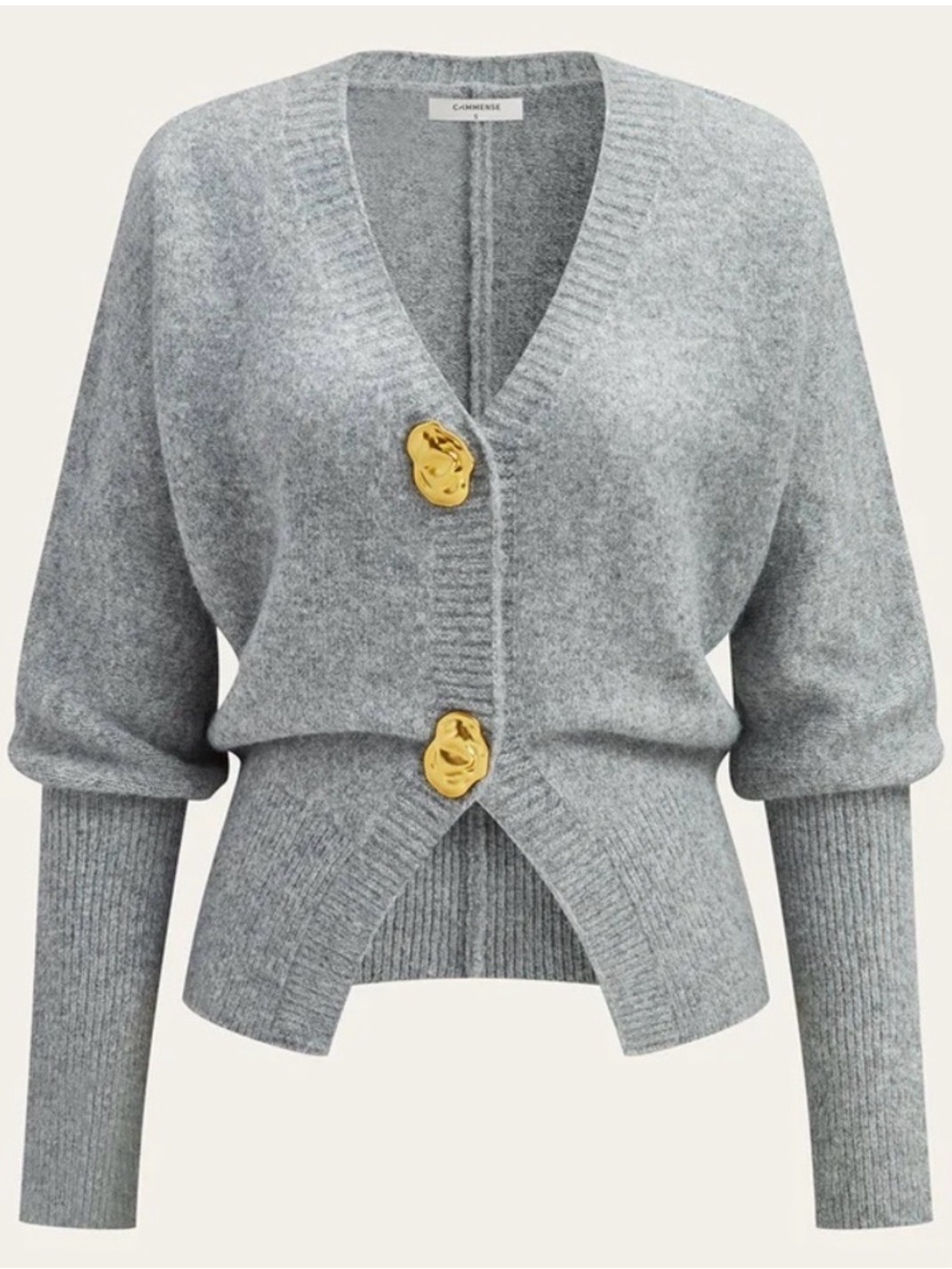 Commense Gray Metal Button Wool Blend Cardigan with Gold Buttons